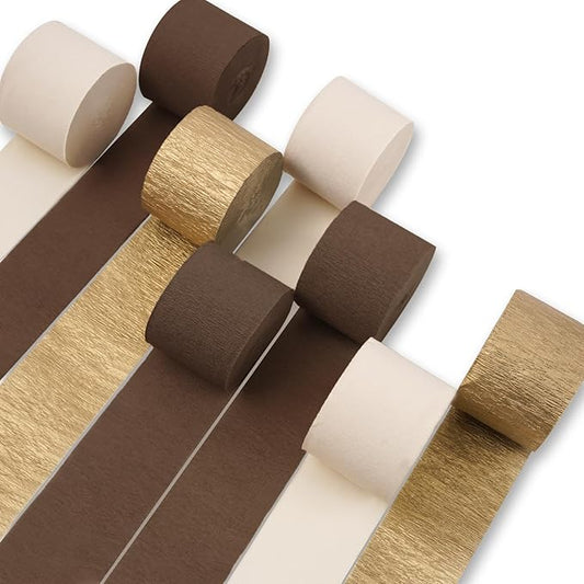 PartyWoo Crepe Paper Streamers 8 Rolls 656ft, Pack of Brown, Gold, Sand White Party Streamers, Crepe Paper for Birthday Decorations, Party Decorations, Wedding Decorations (1.8 In x 82 Ft/Roll)