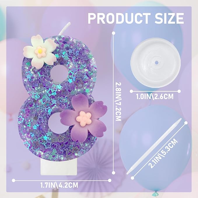 Purple Flower Birthday Candle,Number Birthday Candles for Cake, Ideal Birthday Parties Cake Decor, Wedding Anniversary and Other Celebrations (Number 8, Purple)
