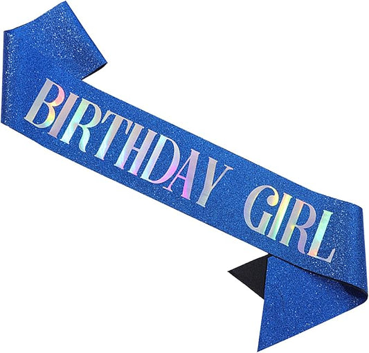 MGJSRNH 'Birthday Girl' Sash with Silver Iridescence Foil - Glitter Satin Blue Sashs for Women's Happy Birthday Celebrations