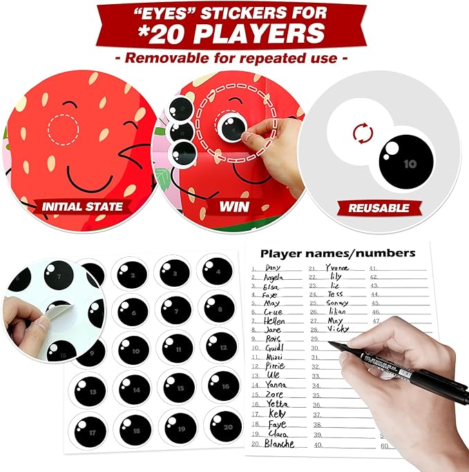 PARTYLOUD Strawberry Party Games, Pin The Eyes on The Strawberry, 1st 2nd Birthday Party Games Berry First Birthday Decorations 20 Guests