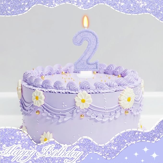Purple Birthday Candles for Girls - Number 2 Candle Cake Topper for Purple Fairy Birthday Party Decorations