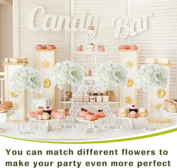Geetery Tall Acrylic Wedding Flower Stand Centerpieces Clear Elegant Vase Column Stand with Artificial Hydrangea Flowers for Wedding Party Table Home Decorations(6 Pcs,16 Inch)