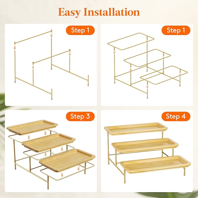 Lifewit 3 Tier Bamboo Serving Tray for Party Supplies, 30 x 17 cm/12" x 6.5" Platters for Serving Food, Reusable Trays with Gold Metal Display Stand for Veggie, Fruit, Cookies, Dessert