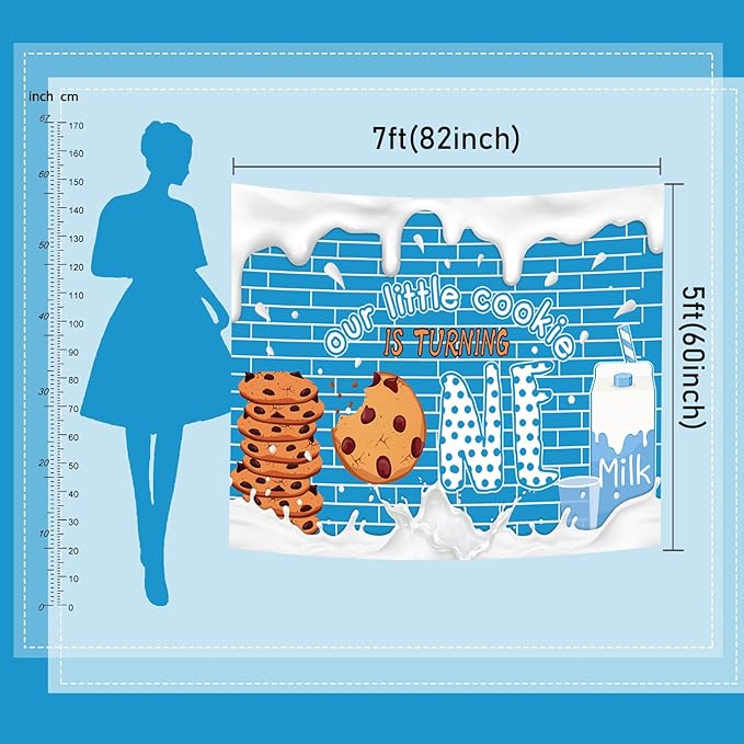 Mocscika Our Little Cookie is Turning One Backdrop Cookie Milk 1st Birthday Party Decoration for Boys Kids Blue Wall Decor Photography Background (White, 10x7ft(120''x82''))