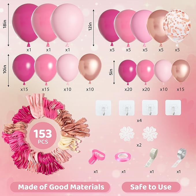 Amandir 153pcs Pink Balloon Garland Arch Kit, Different Sizes 18 12 10 5 inch Hot Pink Latex Metallic Confetti Rose Gold Balloons for Mothers Birthday Baby Shower Wedding Party Decorations