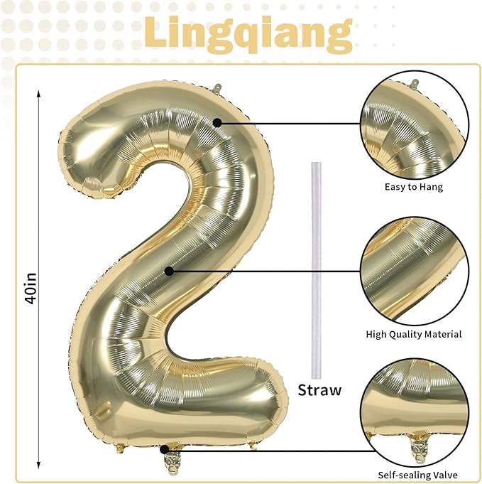 40 Inch Balloon Number 2 Champagne Gold, Large Foil Light Gold Number Balloons Set 0-9 for Women Men, Digital 2 Helium Balloons for Boys Girls 2nd Birthday Anniversary Graduation Party Decorations