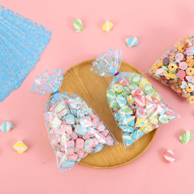 100Pcs Cellophane Treat Bags,5 X 11 Inches Blue Star Clear Cellophane Bags,for Gift Wrapping,Packaging Candies,Dessert,Bakery, Cookies, Chocolate,Party Party Decorations