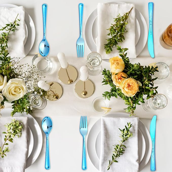 180 Pack Disposable Deep Blue Plastic Silverware Contain 60 Forks,60 Spoons,60 Knives, Solid and Durable Plastic Cutlery Utensils Set Perfect for Parties,weddings.