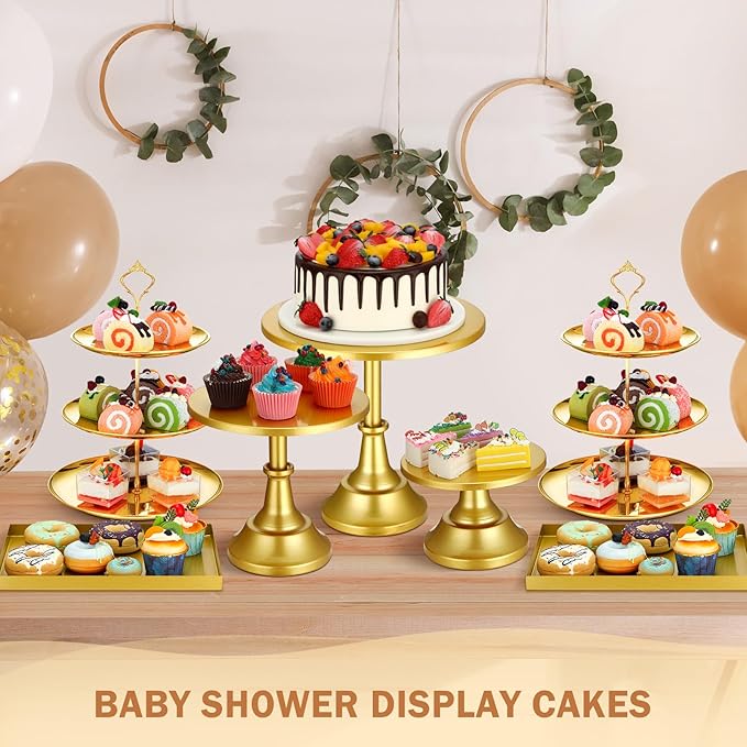 Tioncy 7 Pcs Cake Stand Set Metal Cupcake Holder Dessert Table Display Cupcake Display Plate Serving Platter Dessert Table Stands and Trays Set for Baby Shower Wedding Birthday Xmas Party (Gold)