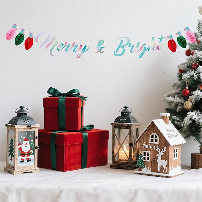 Christmas Banner, Pre-Strung Merry & Bright Banner Mantle Christmas Decor, Laser Xmas Wall Banners with Honeycomb Ball, Xmas Bunting for New Year Winter Fireplace Hanging Sign