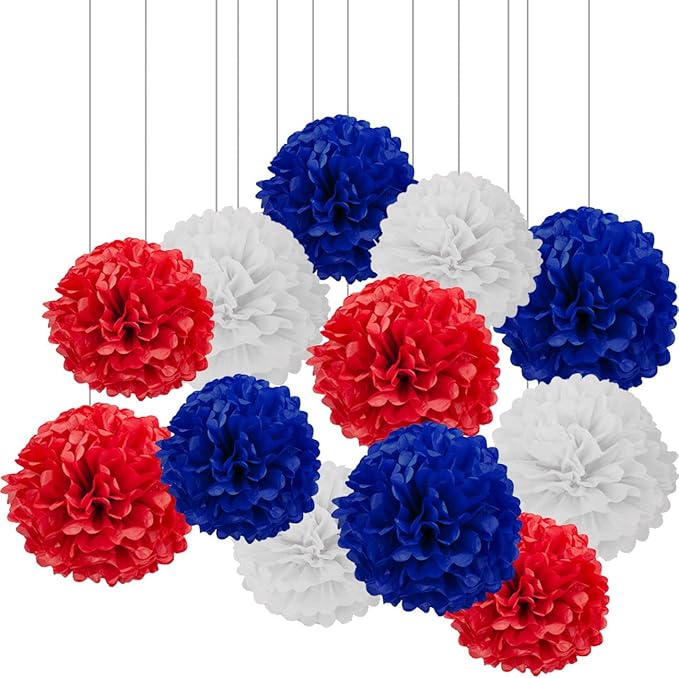 XIKSXITN 12 pcs Red White and Blue Tissue Paper Pom-Poms - Hanging Paper Flowers Ball for Party Decorative (10&12 inch)