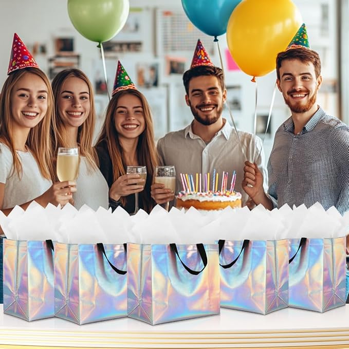 KeerxunBag 12Pcs Reusable Gift Bags（Includes Tissue Paper） Gift bag with handle Birthdays Parties Holidays Weddings Medium 13x5x11in Rainbow Color Gift Bags