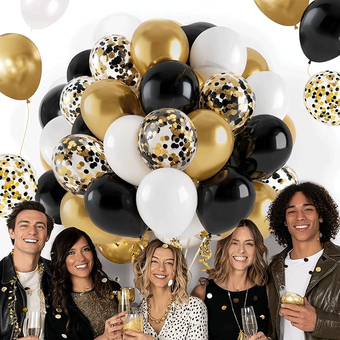 Black Gold White Balloons, 50pcs 12inch Matte White Black Metallic Gold Confetti Latex Balloons with Gold Ribbons for Birthday Graduation New Years Retirement Party Decorations