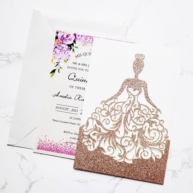 5 x7.3 Inch 20PCS Blank Quinceanera Invitations Kit Laser Cut Hollow Girl Princess Pocket with Envelopes Crown Invitations Cards for Quinceañera Birthday Party Invite (Rose Gold Glitter)