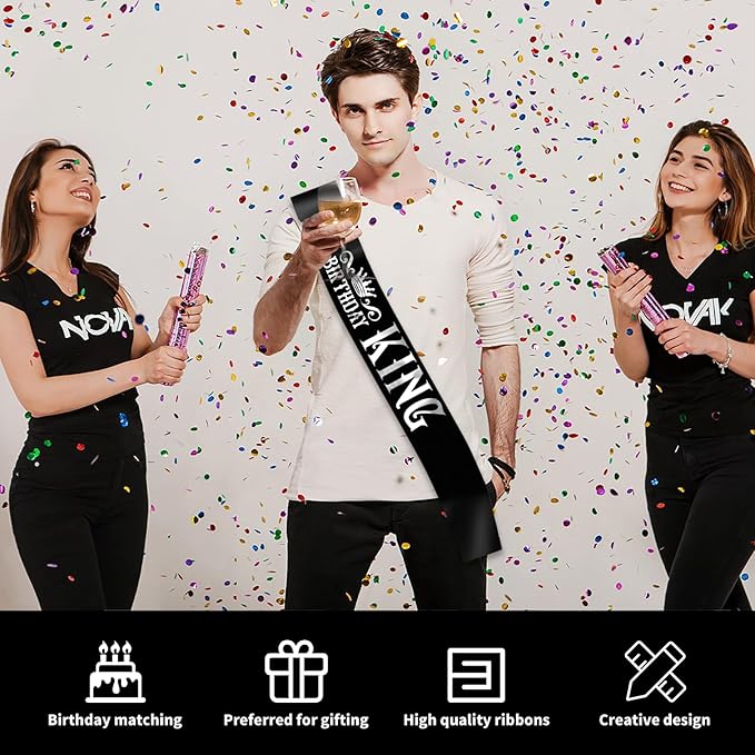 Birthday King Sash, Funny Black Satin Sash with Silver Foil Lettering Birthday Sashes for Boys or Men 10th 13th 16th 18th 21st 30th 40th 50th 60th or Any Birthday Party Supplies Gifts Favors.