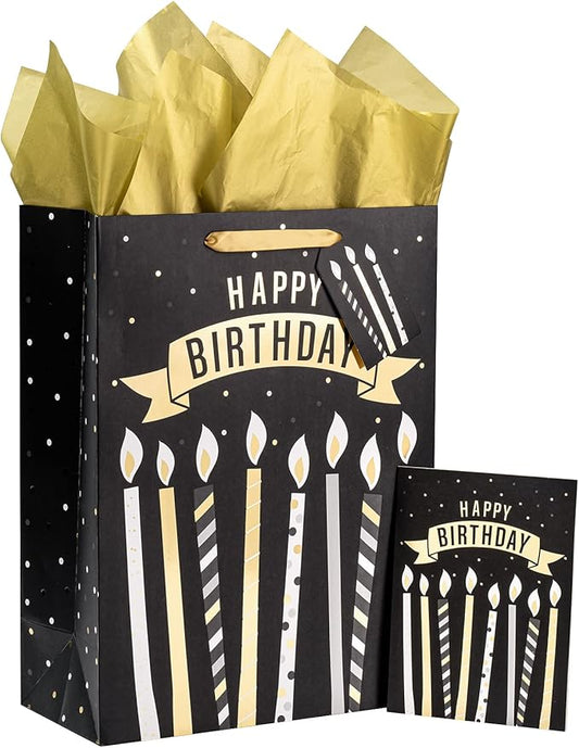 Loveinside Black and Gold Birthday Gift Bag with Tissue Paper, Gift Card for Birthday, Baby Shower, Party, and More - 12" x 16" x 5.7", 1 Pcs