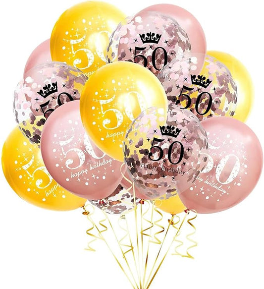 SHUNTAI 50th Birthday Balloons Women Rose Gold 50th Birthday Decorations for Her Happy 50th Birthday Latex Confetti Balloon 50 Years Old Anniversary Theme Birthday Party Supplies 15 Pack 12 Inch