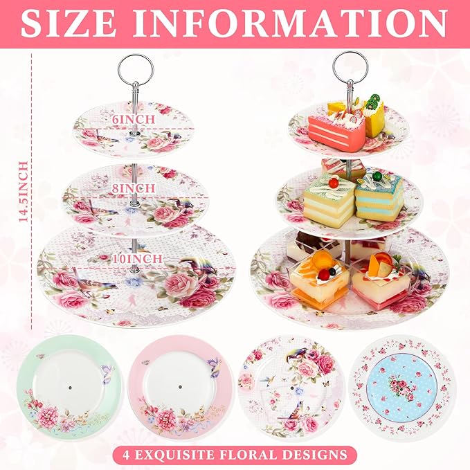 Dandat 4 Pcs 3 Tier Tea Party Cake Stand Floral Ceramic Cupcake Display Round Porcelain Cupcake Dessert Tower Tray Pastry Serving Tray Platter for Tea Party Wedding Birthday, 4 Designs
