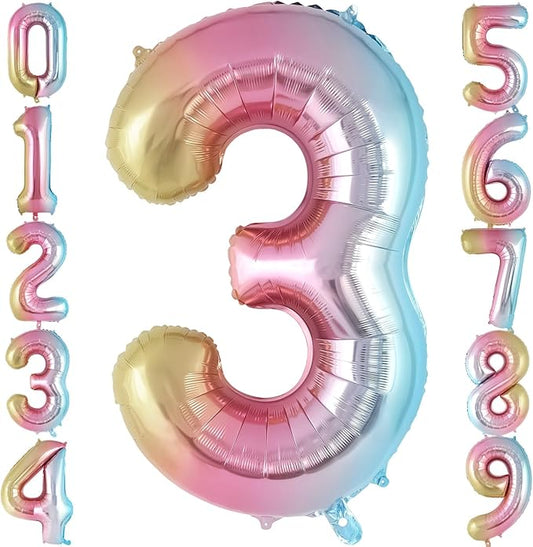 Rainbow Gradient Number 3 Balloon, 40 Inch Big Large Foil Number Balloons, Jumbo Mylar Number 3 Balloons for 3 Third Birthday Party Decorations Supplies Anniversary Celebration