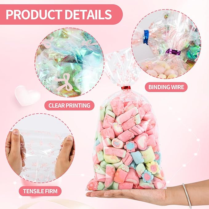 Docvania Cello Cellophane Treat Bags Pink Bow Candy Bags 100 pcs 6 X 11 Goodie Gift Bag with Twist Ties for Baby Shower,Valentine's Day Birthday Parties and Weddings