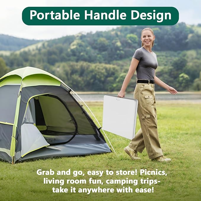 4ft Folding Table with Adjustable Height, Heavy Duty Fold-in-Half Plastic Table with Steel Legs and Handle, Portable for Indoor, Outdoor, Picnic, Camping, Dining, Party, White