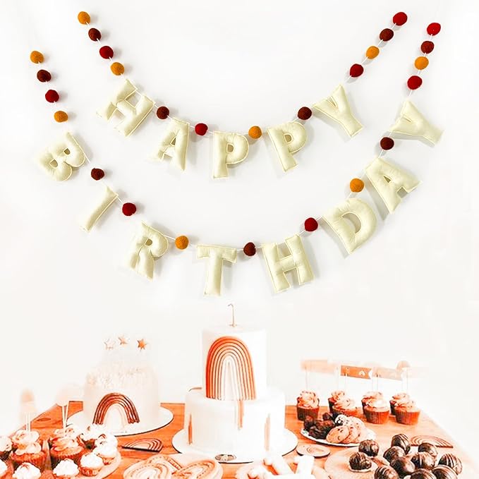 Boho Felt Happy Birthday Banner, Bohemian Birthday Party Decorations,Natural Handmade Wool Letters & Balls, Boho Happy Birthday Garland for kids Birthday Parties Window Door Mantels Decor Ready To Hang