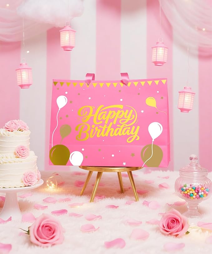 Pink Birthday Gift Bag for Girls – 12.5 Inch Medium Size with Tissue Paper and Greeting Card – Perfect for Women or Mom (1 Piece, Foil Stamping)