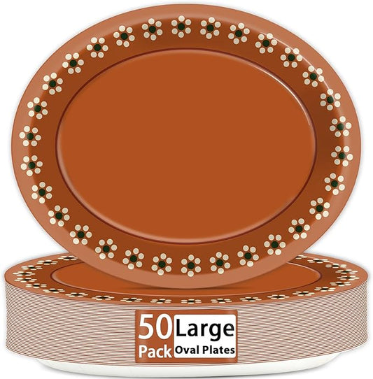 50 PCS Mexican Terracotta Oval Paper Plates Large 11" Disposable Platos De Barro Mexicanos Party Decorations Mexican Terracotta Flower Supplies Favor for Baby Shower Birthday Party Tableware Set