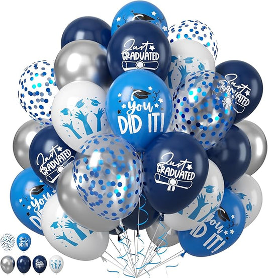 Graduation Balloons, Graduation Party Decoration, 50PCS 12 Inch Blue White Silve Confetti Graduate Ballons for Grad College High School Class of 2026 Congrats Grad Party Decorations