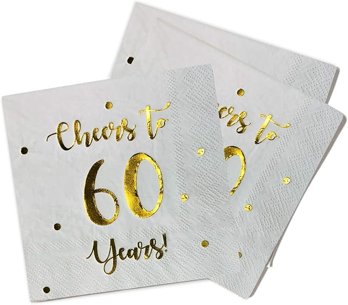 Cheers to 60 Years Cocktail Napkins | Happy 60th Birthday Decorations for Men and Women and Wedding Anniversary Party Decorations | 50-Pack 3-Ply Napkins | 5 x 5 inch folded (White)