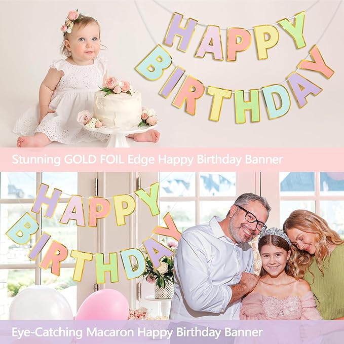Happy Birthday Banner - 9ft Pre-Strung Happy Birthday Sign for Women, Men, Girls, Boys - No DIY Birthday Decorations & Party Supplies(Macaron)