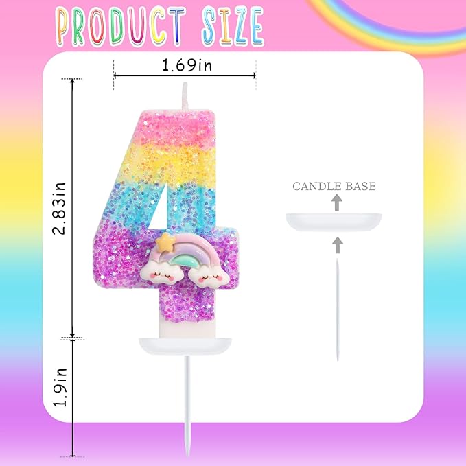 Rainbow Candles for Cakes, Number 4 Candle Rainbow Cake Topper for 4th Birthday Decorations Girl