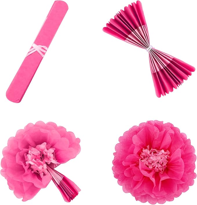 Fonder Mols Tissue Paper Chrysanth Flowers with Butterfly and Olive Leaves for Wedding Baby Shower Nursery Room Parties & Events Decorations Pom Poms (Black, Hot Pink)