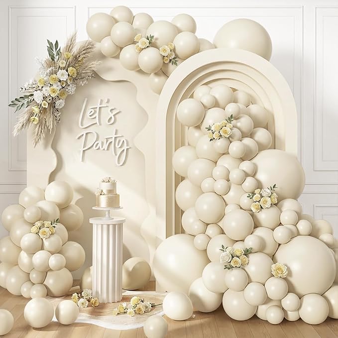 RUBFAC 129pcs Sand White Cream Balloons Different Sizes 18 12 10 5 Inches, Beige Latex Balloon Garland Arch for Birthday Engagement Party Wedding Anniversary Baby Shower Decoration