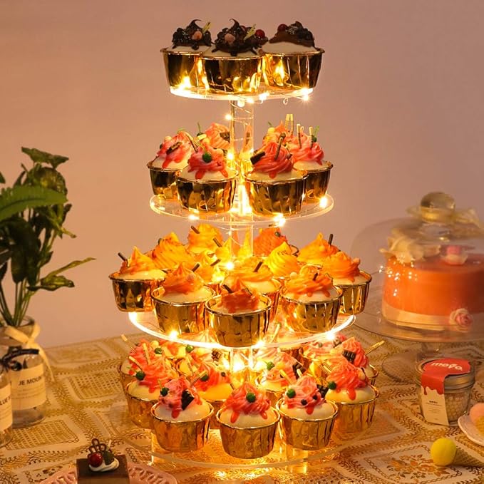 YestBuy 4 Tier Round Cupcake Stand, Cupcake Holder, 4 Tier Cupcake Tray, Acrylic Cake Tower Stand Display for Pastry + LED Light String, Ideal for Weddings, Birthday Parties (Yellow)
