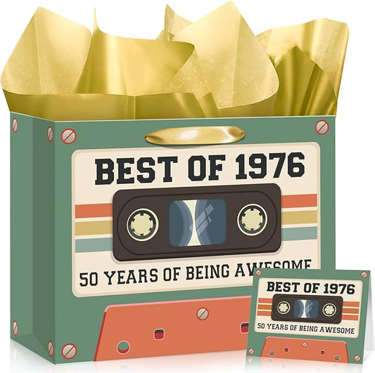 50th Birthday Gift Bag for Men Women Retro Tape 1976 Birthday Party Favor Bags with Tissue Paper and Card Green Vintage Cassette 50 Years Old Gift Wrapping Bag Decorations for Mom Dad Friends Gifts