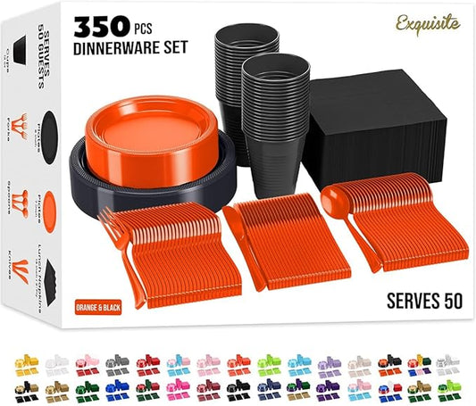 350 Pcs Orange & Black Plastic Plates For Party, Orange & Black Disposable Plates Set, 50 Of Each 9" Dinner Plate Set, 7" Dessert Plate, Cups, Napkins & Cutlery Plastic Dinnerware Set Exquisite