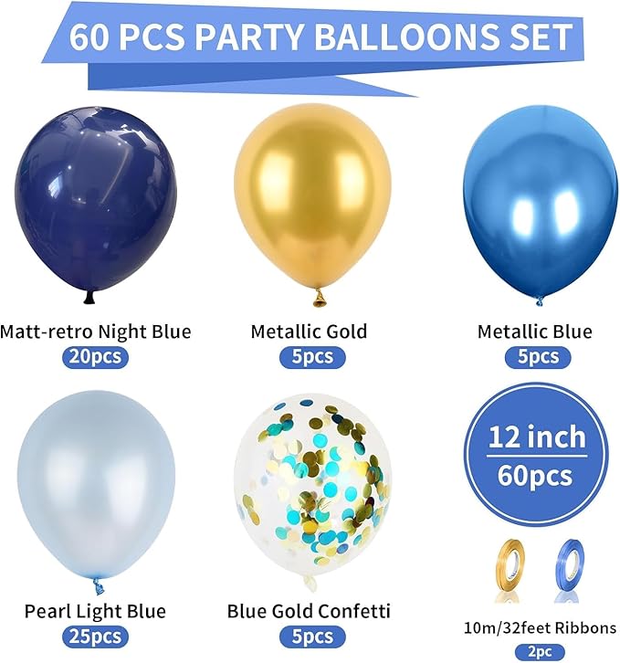 Biapian 60 Pcs Dark Blue Gold Balloons, 12 Inch Latex Balloons for Party Decorations, Unisex Unique Blue Gold Confetti Balloons, Ideal for Birthday, Baby Shower, Wedding, Christening, Event Decoration