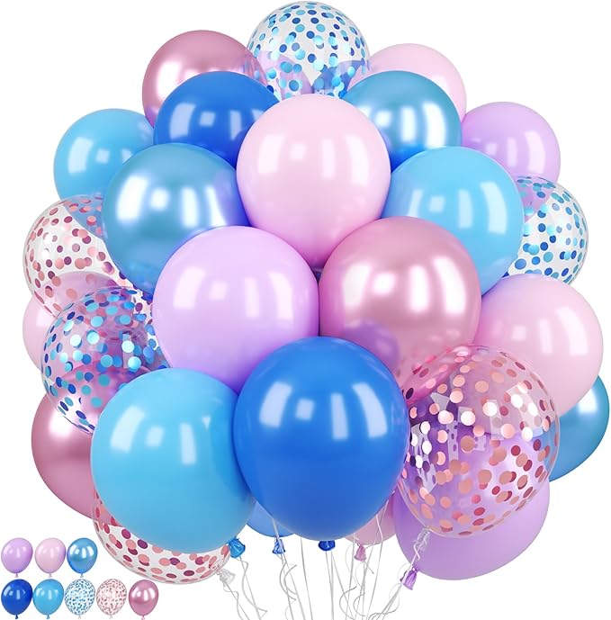 Pink and Blue Balloon, 50Pcs 12 Inch Pastel Pink Blue Purple Confetti, Royal and Metallic Confetti Balloons for Birthday, Baby Shower, Gender Reveal Supplies