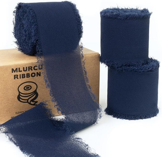 Navy Blue Chiffon Ribbon 1-1/2 Inch x 21 Yards Handmade Fringe Chiffon Silk Ribbon Frayed for Wrapping, Wedding Invitation, Bridal Flower Bouquets, Crafts