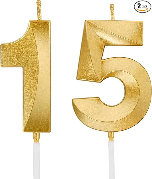 Birthday Candles, 1.96 Inch Number 15 Happy Birthday Candles, Number Candles Decoration for Birthday Party and Anniversary Celebration(Champagne Gold)