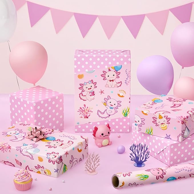 WERNNSAI Axolotl Wrapping Paper - 1 Roll 17” x 33 ft Girls Birthday Wrapping Paper Pink Salamander Pattern Gift Wrap Roll for Kids Girls Ocean Theme Party Favor Polka Design
