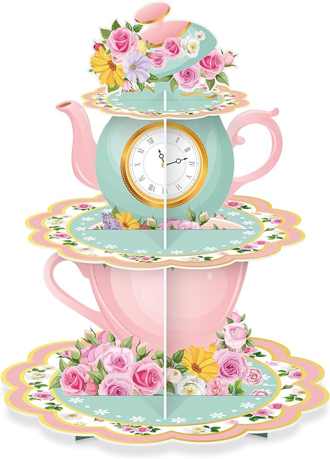 Zopeal 3 Tier Floral Tea Party Cupcake Stand Decorations Spring Vintage Teapot Cupcake Holder Talking Dessert Tower for Flower Theme Baby Shower Princess Birthday Wedding Supplies