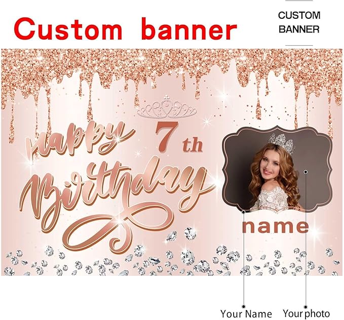 Dicodes Customizable Rose Gold Happy 7th Birthday Decoration Banner - Personalized with Name and Photo(7th)