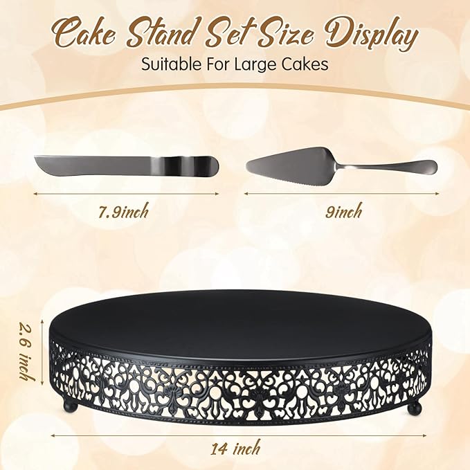 Wenqik 14 Inch Black Cake Stand Set Metal Round Cupcake Dessert Stand with Cake Cutting, Spatula Wedding Cupcake Pastry Display Candy Holder Display for Wedding Party Birthday Baby Shower(Classic)