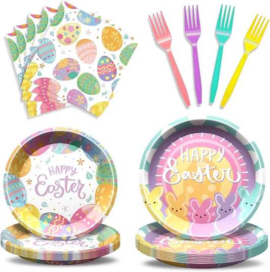 96 Pcs Easter Party Supplies Easter Plates and Napkins Set Colorful Eggs Birthday Party Decorations Tableware for Kids Bunny Spring Birthday Decorations, Serve 24