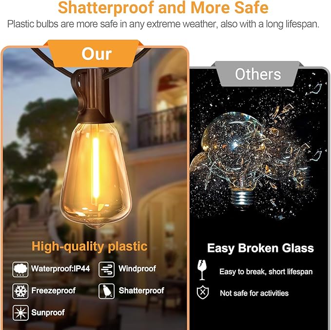 LAMPHOME Outdoor String Lights Waterproof, 26FT Connectable Patio Lights with 12+1 Shatterproof ST38 LED Edison Bulbs, Hanging Lights for Backyard Garden Porch Deck Christmas Party Cafe Decor