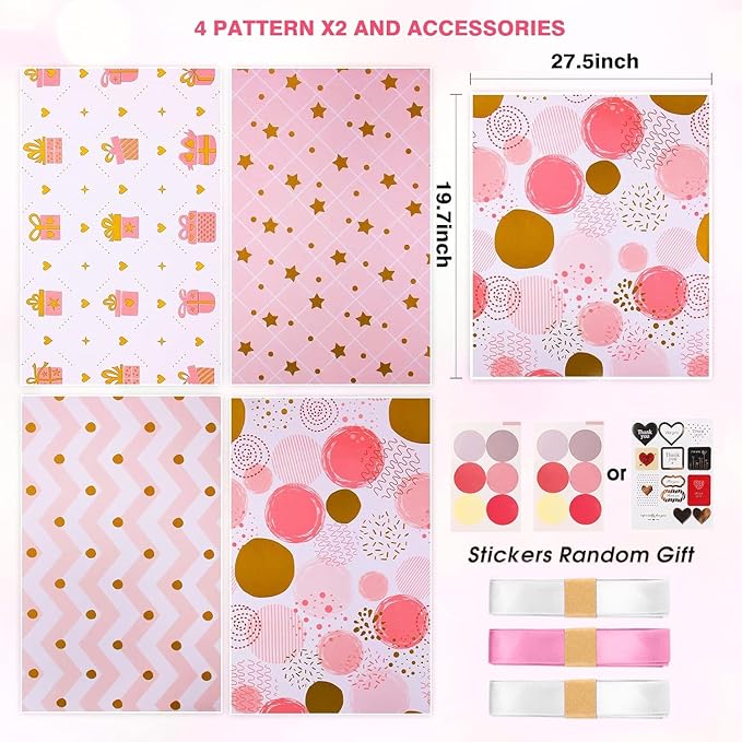 Wrapping Paper Pink Gold Birthday Gift Wrapping Paper for Girls Women-Soft Pink Gift Wrap Paper and Ribbon Sticker,Pretty Present Wrap Folded Sheets for Party,Wedding,Valentine's Day(6 Sheets, 27.5"Lx19.6"W per Sheet)