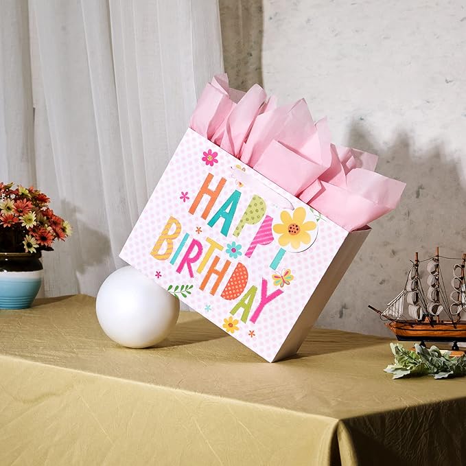 Bobobag 13" Pink Gift Bag with Tissue Paper for happy Birthday large gift bags for Girls