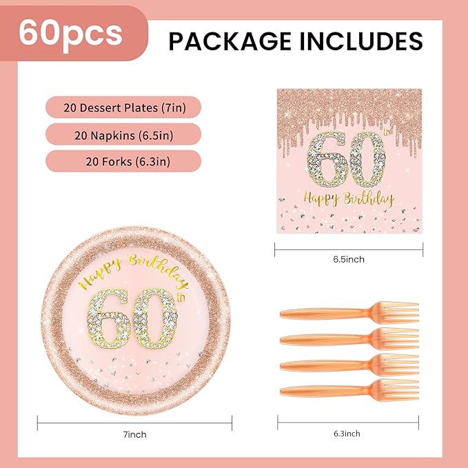 60 PCS 60th Birthday Decorations for Women, 60th Birthday Plates and Napkins Rose Gold Disposable Tableware Set Party Supplies for Women Cheers to 60 Years Anniversary (60TH)